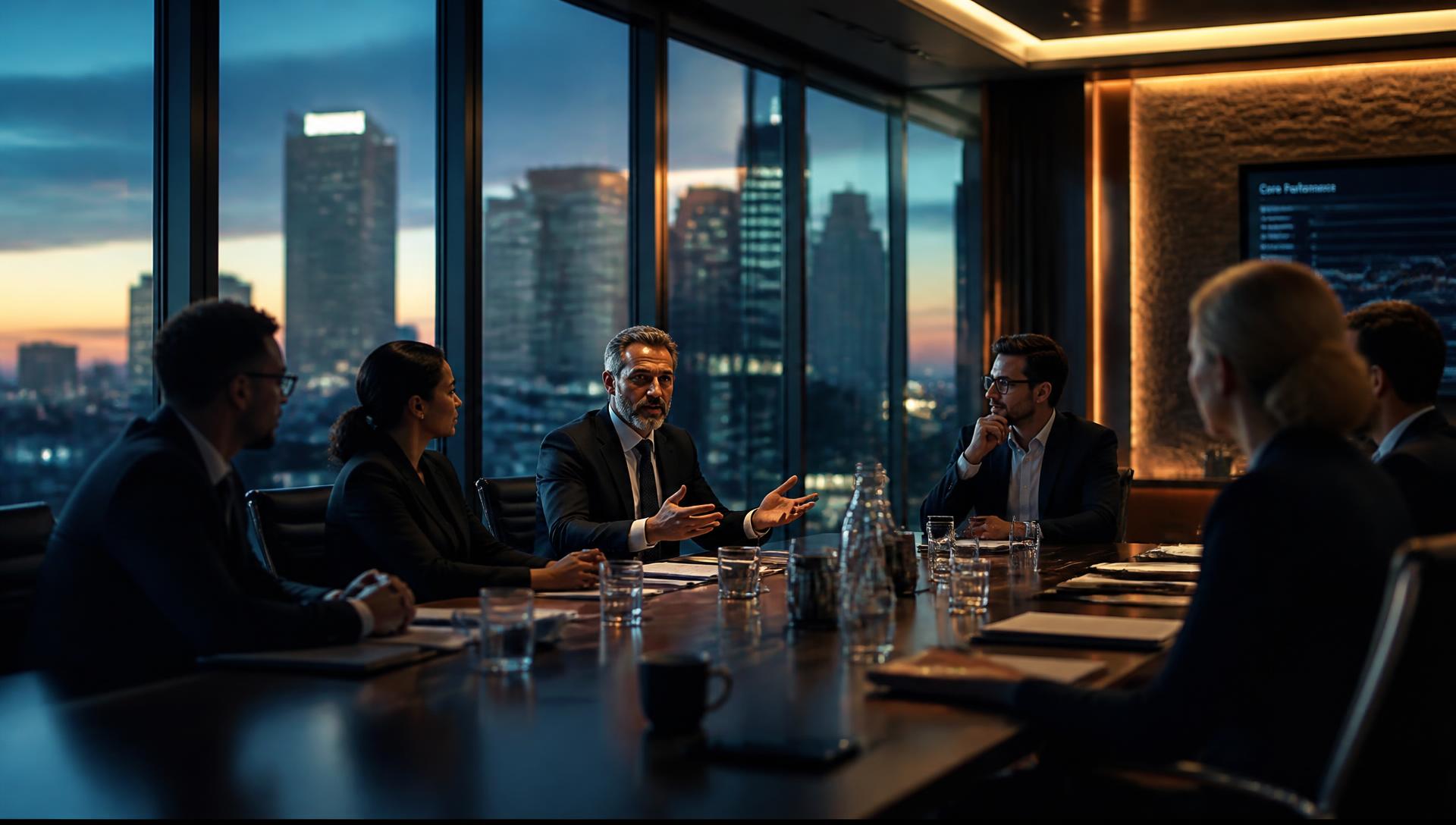 Executive leadership team in discussion in a modern boardroom at dusk